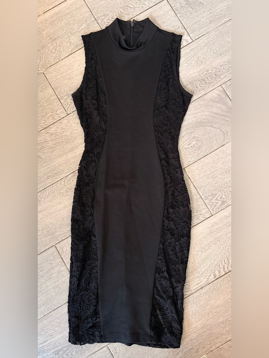bebe Dresses & Skirts - Bebe Black Lace Side Panel Mock Neck Bodycon Dress